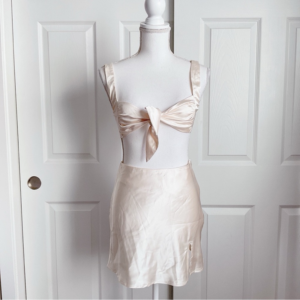 Princess Polly Cream Satin Tie-Front Crop Top & Skirt Set